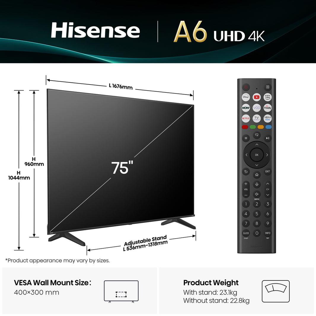 Hisense 75 INCH A6QTUK 4K UHD Smart TV