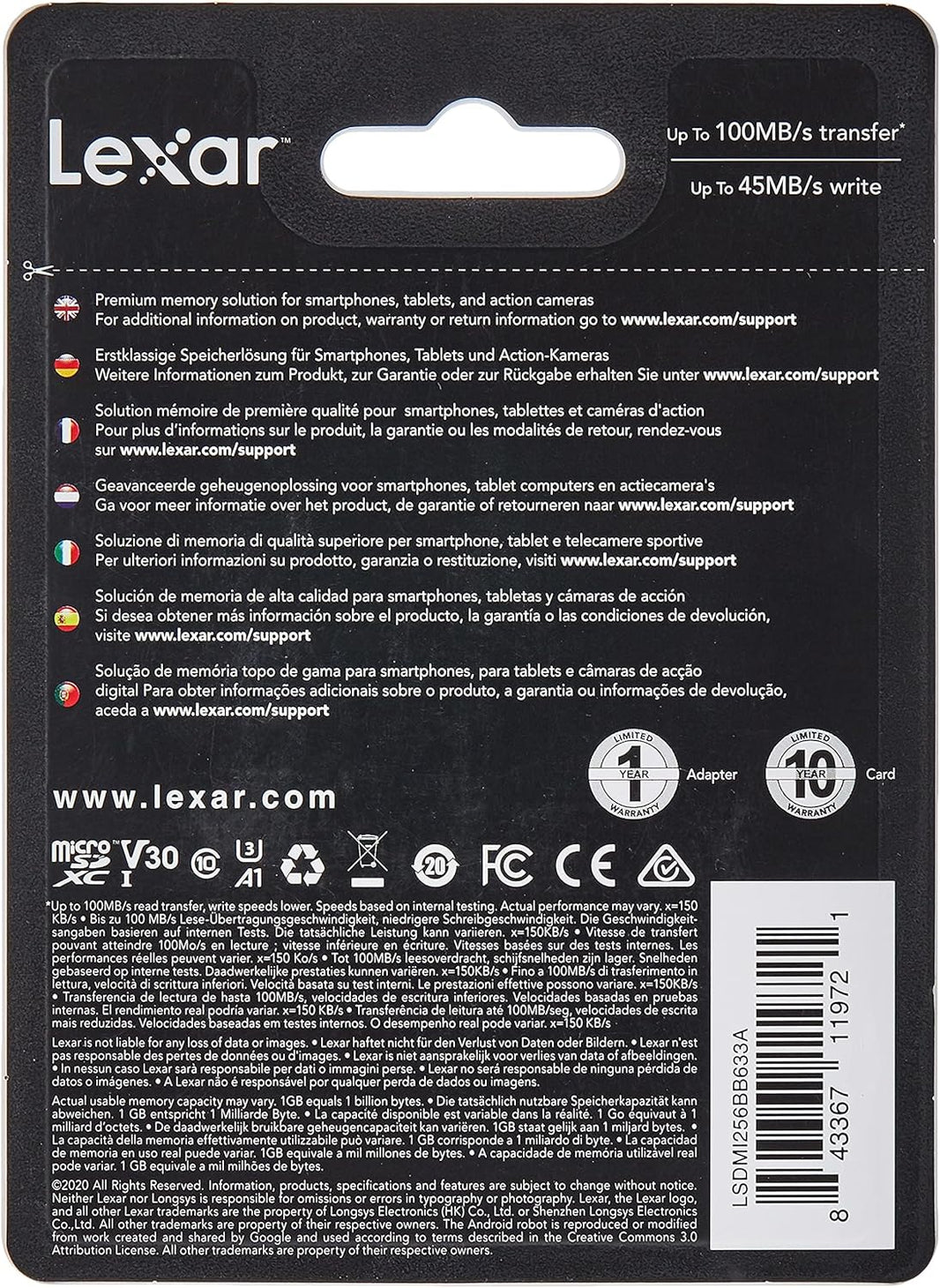 Lexar 633x MicroSD Card w/adapter 256GB