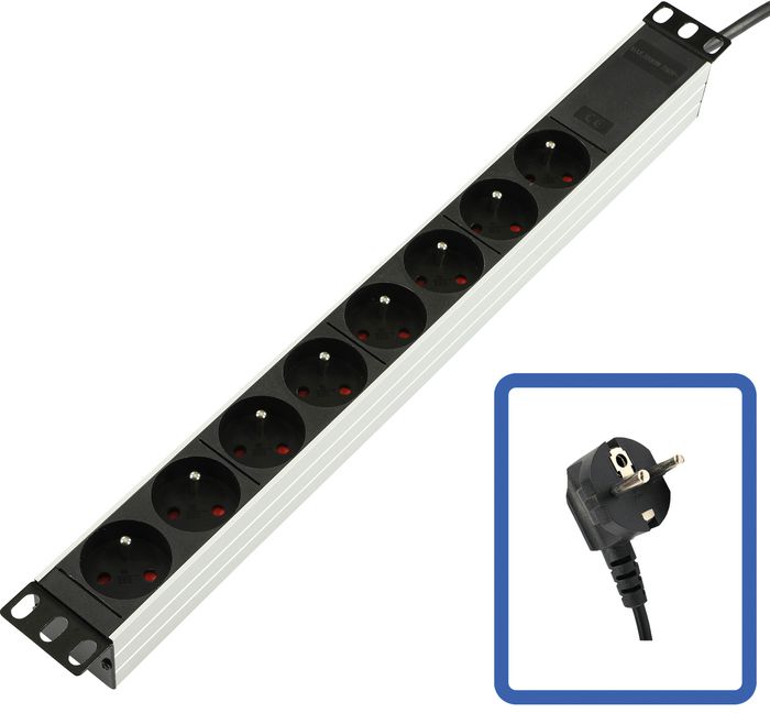 Lanview 19" rack mount power strip, 1U, 1.5m, 16A with 8 x French Type E Schuko socket