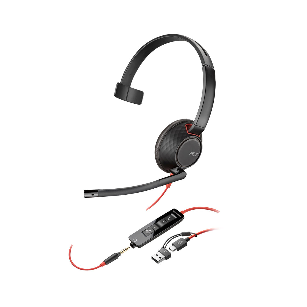 Poly Blackwire 5210 Monaural USB-C Headset +3.5mm Plug +USB-C/A Adapter