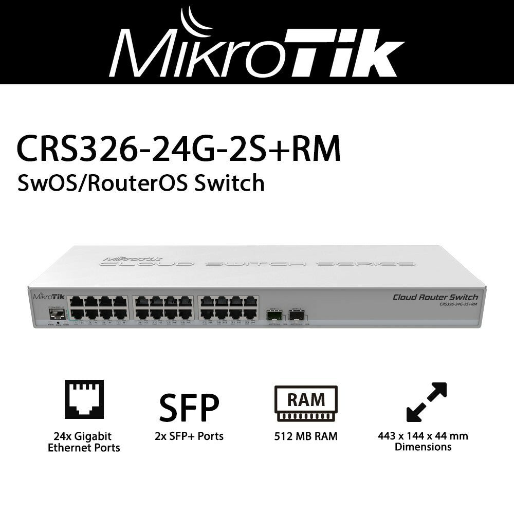 MikroTik Dual-Core ARM v7 800 MHz, 512 MB RAM, 16 MB Flash, 24 Gigabit Ethernet ports, 443 x 305 x 44 mm