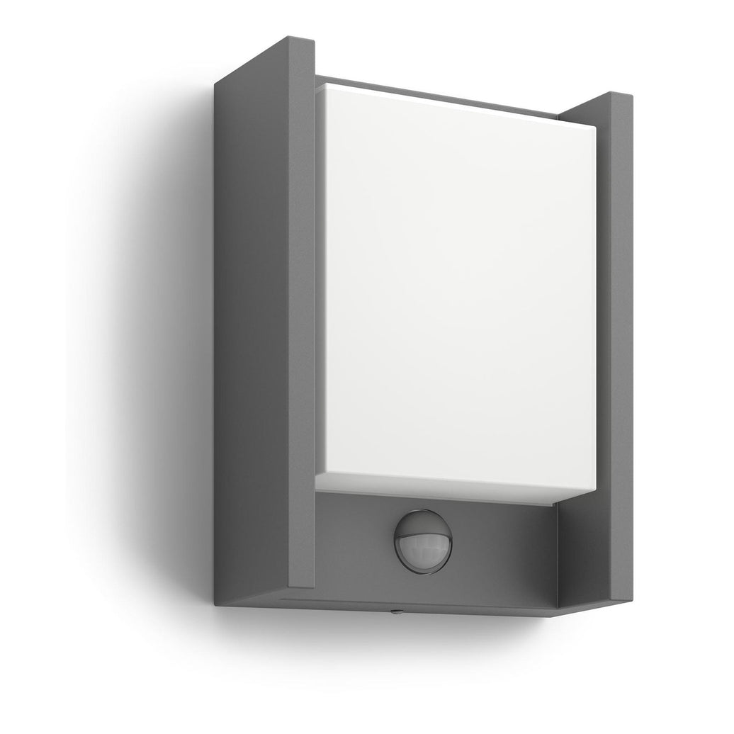 Philips Arbour LED outdoor wall light in anthracite grey frames a panel of light within a durable die-cast aluminium surround and ha