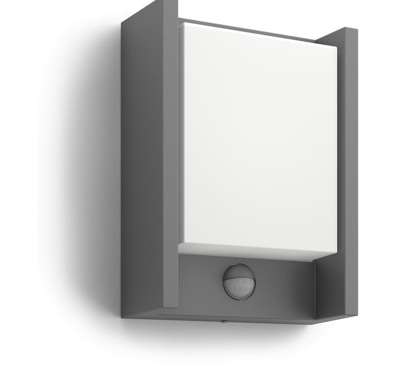 Philips Arbour LED outdoor wall light in anthracite grey frames a panel of light within a durable die-cast aluminium surround and ha