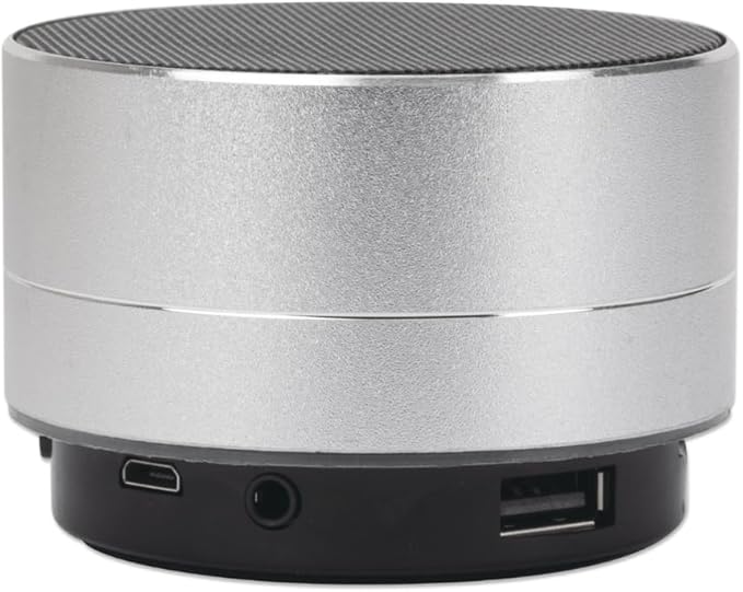 Manhattan Metallic Bluetooth audio conference (Clearance Pricing), Splashproof, Range 10m, microSD card reader, Aux 3.5mm connector, USB-A charging cable included (5V charging), Silver, Three Years Warranty