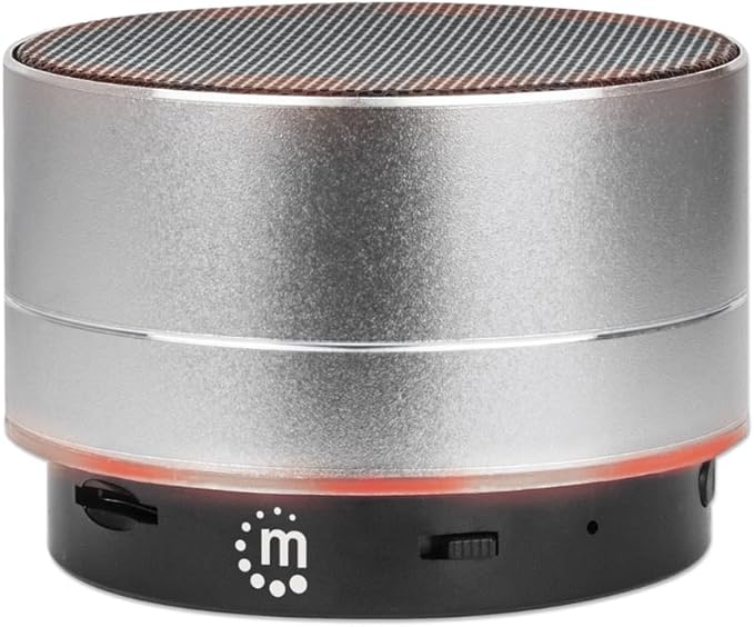 Manhattan Metallic Bluetooth audio conference (Clearance Pricing), Splashproof, Range 10m, microSD card reader, Aux 3.5mm connector, USB-A charging cable included (5V charging), Silver, Three Years Warranty