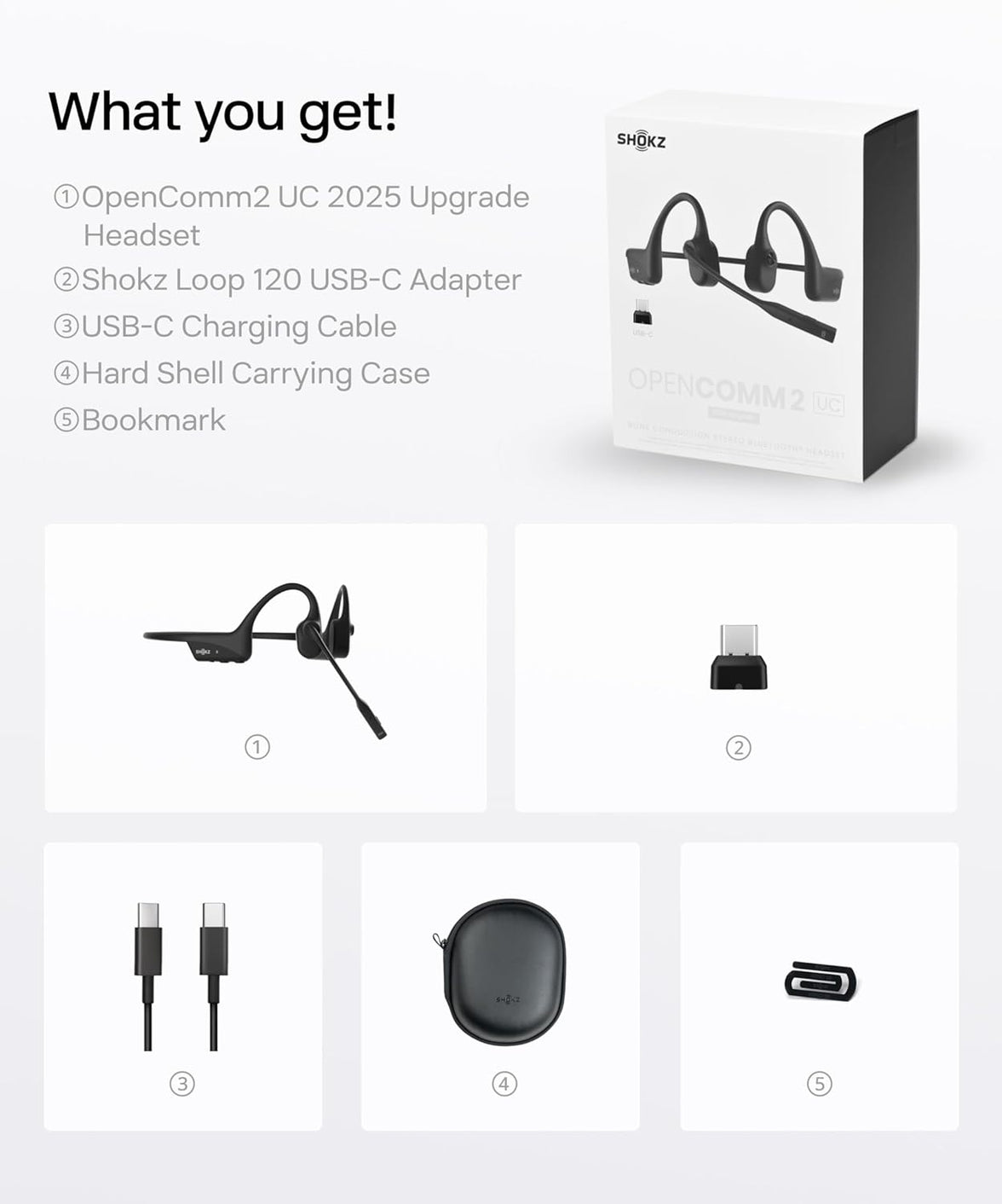 SHOKZ OpenComm2 UC Headset with Type C Charging Port & USB-C Adapter