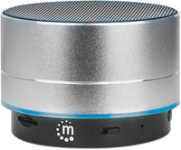 Manhattan Metallic Bluetooth audio conference (Clearance Pricing), Splashproof, Range 10m, microSD card reader, Aux 3.5mm connector, USB-A charging cable included (5V charging), Silver, Three Years Warranty