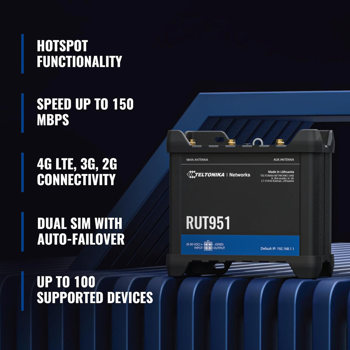 Teltonika Networks RUT951 WiFi/4G Industrial Ethernet Cellular Router with EU PSU