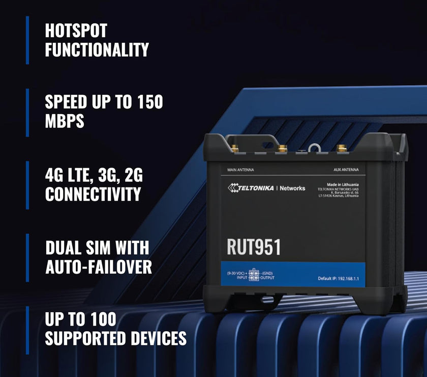 Teltonika Networks RUT951 WiFi/4G Industrial Ethernet Cellular Router with EU PSU