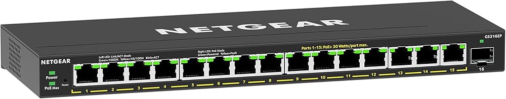 Netgear 16-Port Poe+ Gigabit Ethernet Plus Switch (GS316EP) With 15 Ports Poe+ Total Poe Budget Of 180W And Basic And Advanced Network Manag