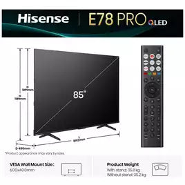 Hisense 85 In 85E78QTUK PRO Smart 4K UHD HDR QLED Freely TV
