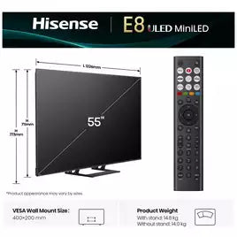 Hisense 55 Inch 55E8QTUK Smart 4K UHD HDR Mini LED Freely TV