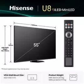 Hisense 55 INCH U8QTUK MiniLED QLED 165Hz Smart AI TV with Freely