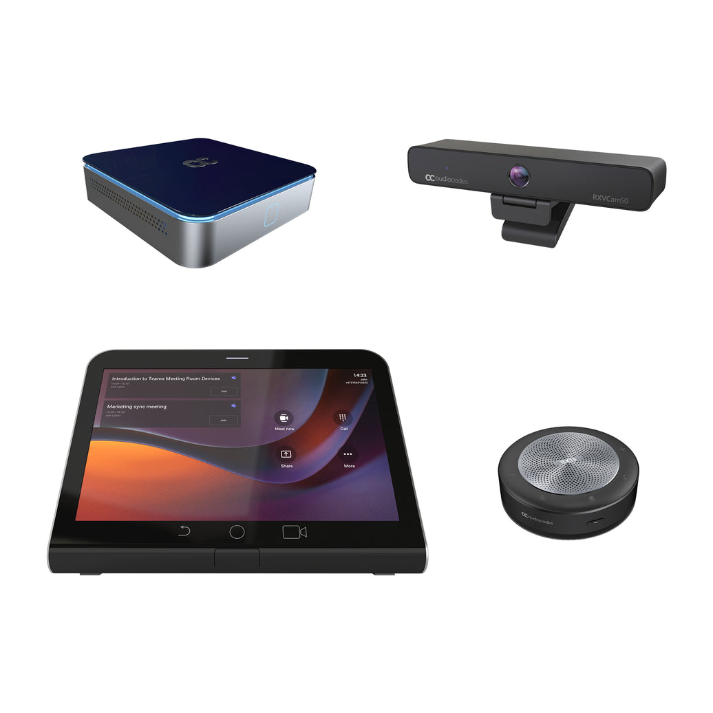 AudioCodes RXV200 Compute Device for small to mid size meeting rooms. The Bundle also Includes the RXPanel, RX15 audio conferencephone and RXVCam50M