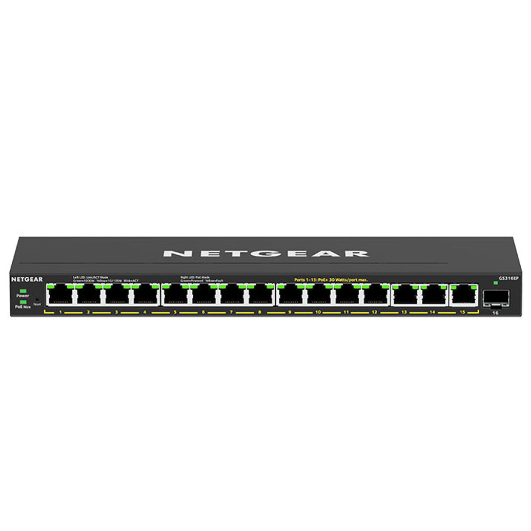 Netgear 16-Port Poe+ Gigabit Ethernet Plus Switch (GS316EP) With 15 Ports Poe+ Total Poe Budget Of 180W And Basic And Advanced Network Manag