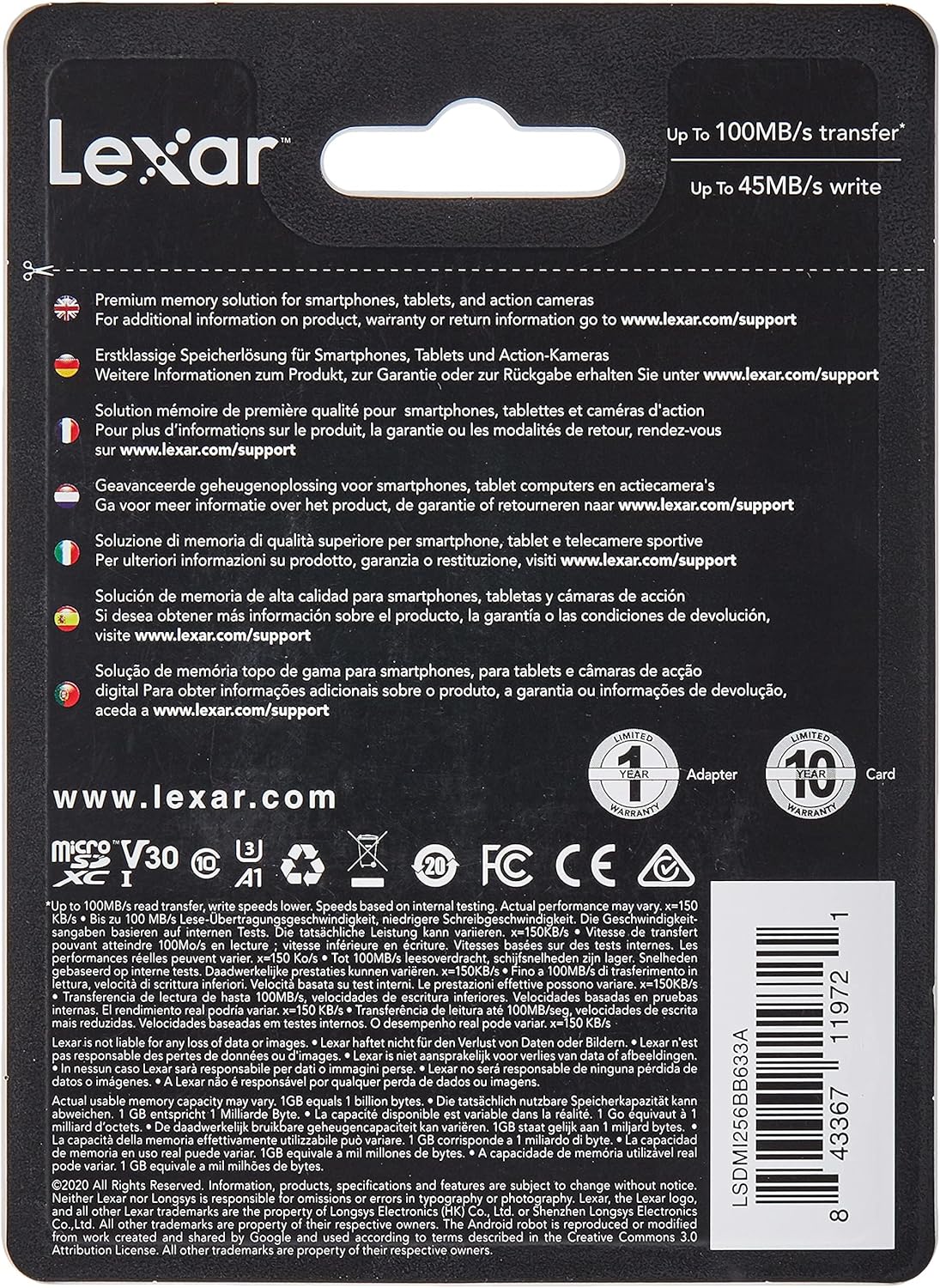 Lexar 633x MicroSD Card w/adapter 256GB