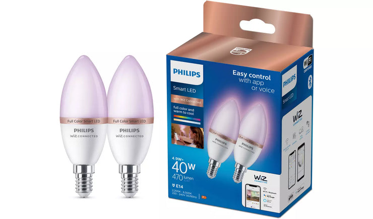 Philips hue WiZ E14 Colour Smart LED Wi-Fi Candle Bulbs - 2 Pack