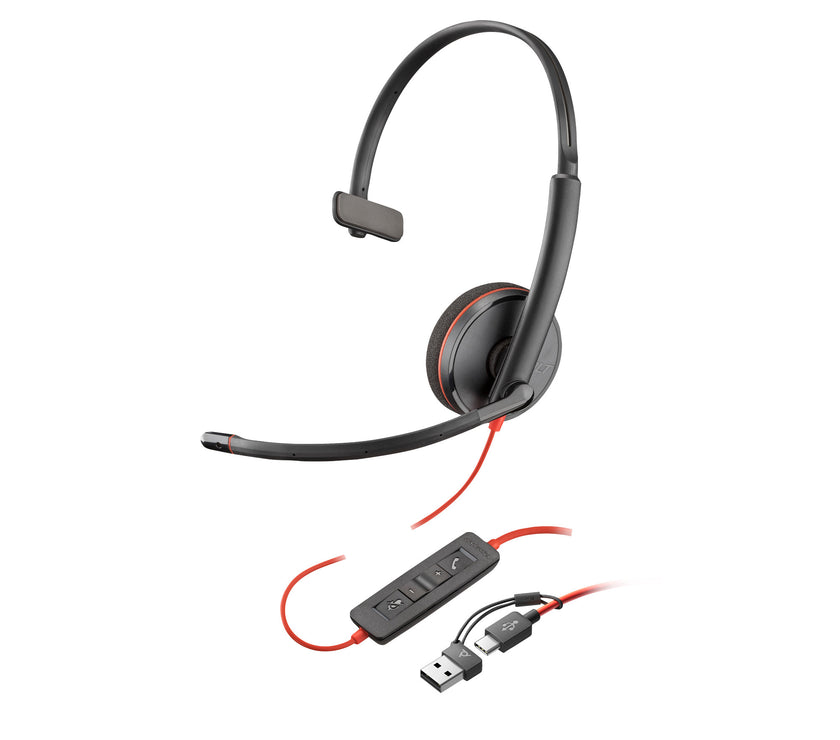 POLY Blackwire 3210 Monaural USB-C Black Headset +USB-C/A Adapter (Bulk)