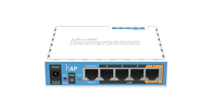 MikroTik hAP, 2.4GHz, QCA9531-BL3A-R 650 MHz, 64 MB, Ethernet, 802.11b/g/n, PoE in, PoE out, USB, 6 - 30 V, License level 4