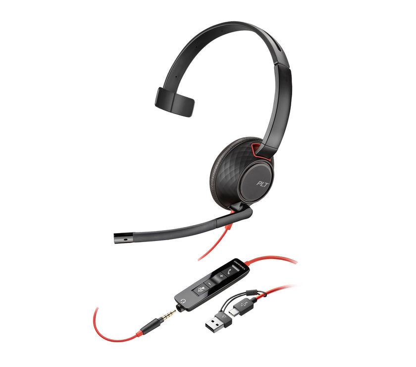 Poly Blackwire 5210 Monaural USB-C Headset +3.5mm Plug +USB-C/A Adapter