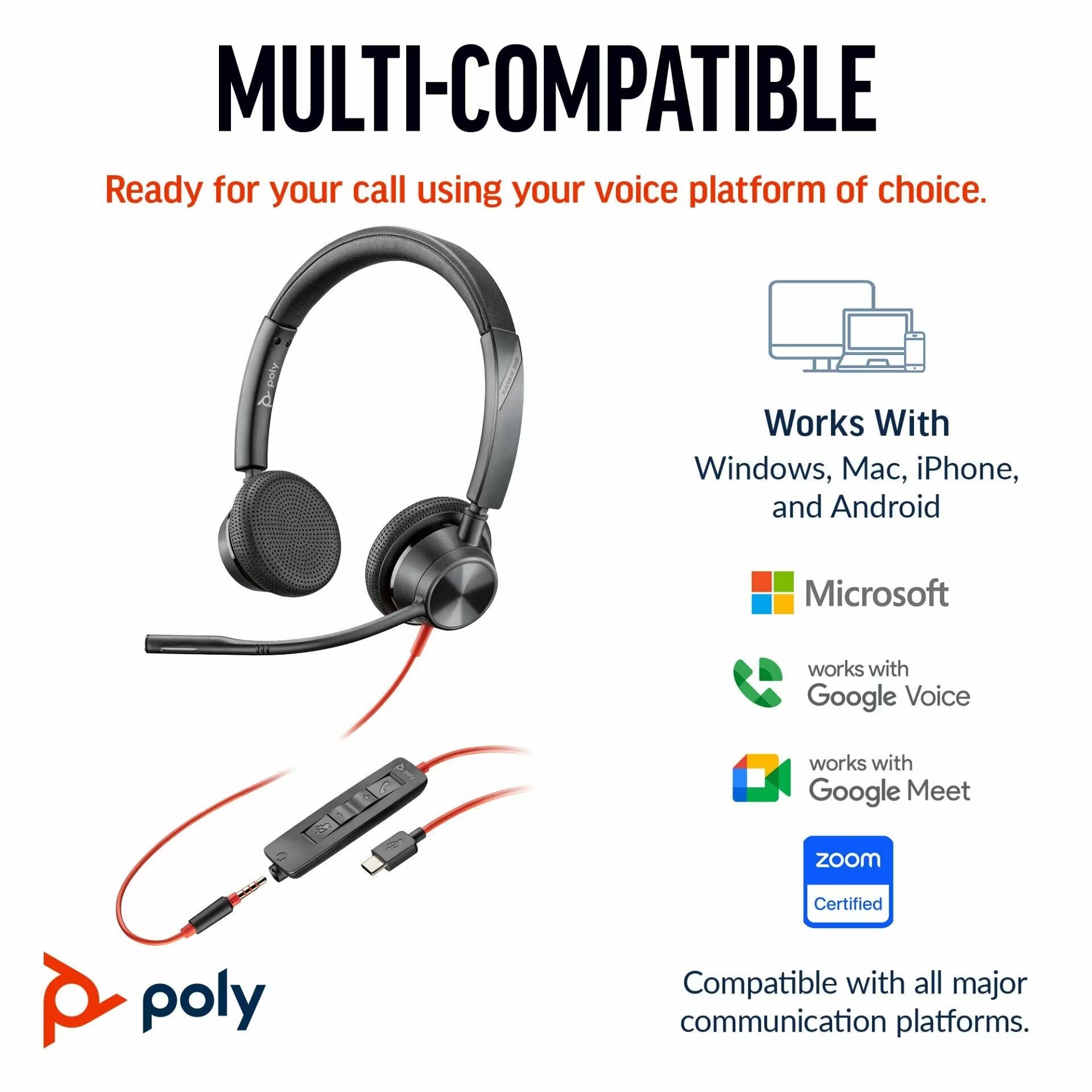 Poly Blackwire 3325 Stereo Teams USB-C +3.5mm Plug + USB-C/A Adapter