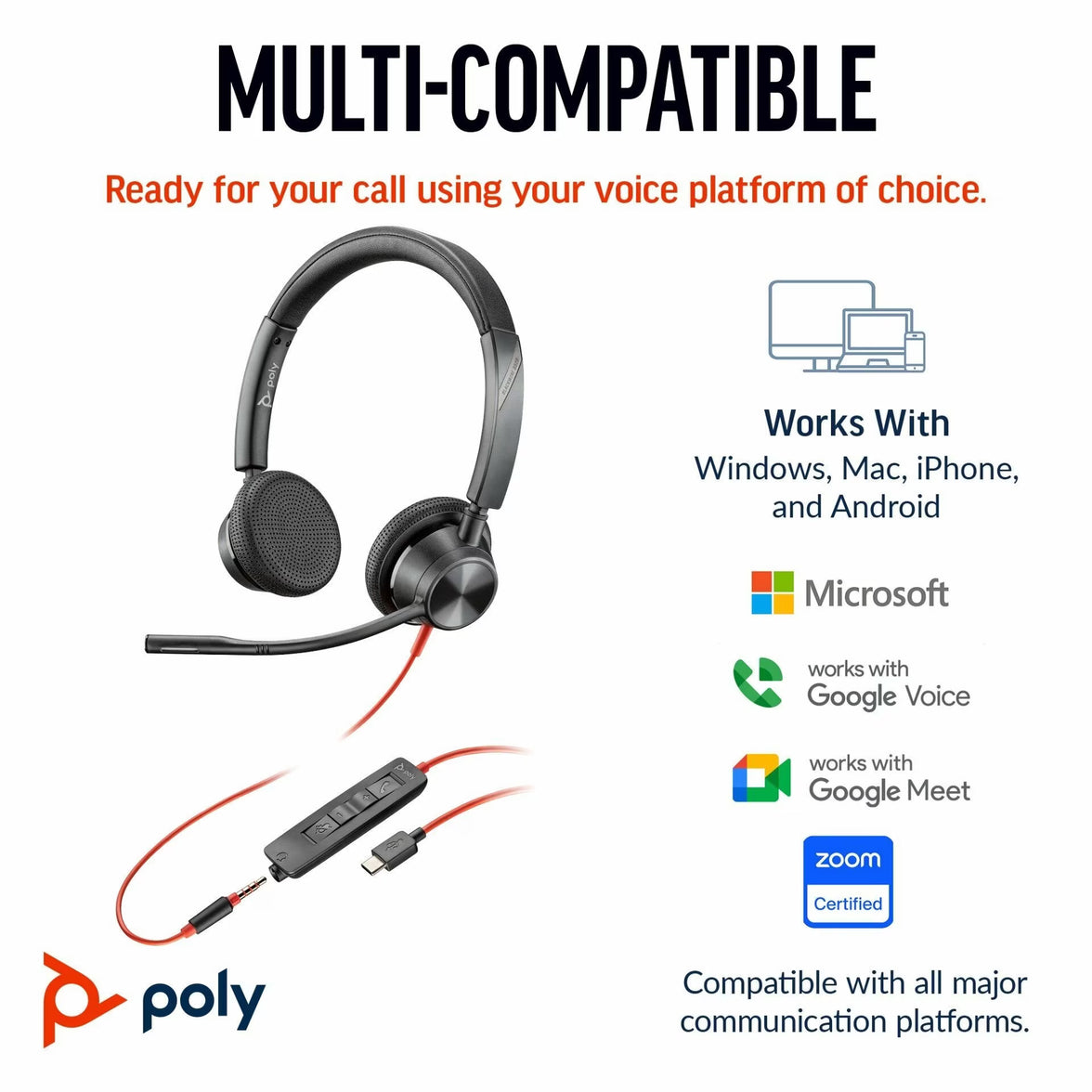Poly Blackwire 3325 Stereo Teams USB-C +3.5mm Plug + USB-C/A Adapter