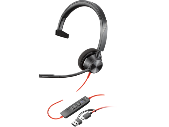 Poly Blackwire 3310 Monaural USB-C Headset +USB-C/A Adapter