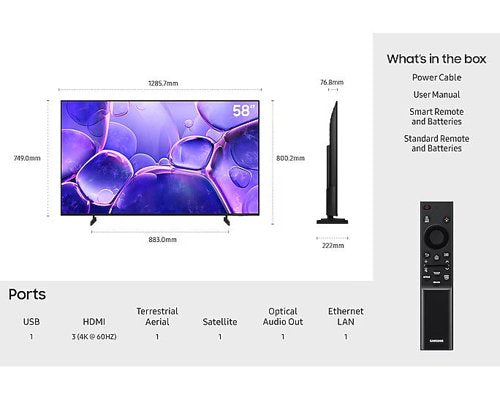 58 INCH Crystal UHD 4K Upscaling & Crystal Processor 4K Gaming Hub Smart TV Powered by Tizen Object Tracking Sound Lite MetalStream Desi