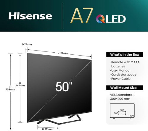 Hisense A7Q 50 Inch 3840 x 2160 Pixels 4K Ultra HD VIDAA HDMI USB Smart AI TV