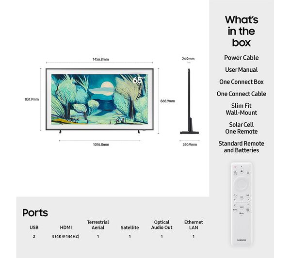 65 INCH The Frame Modern Frame Design & Bezel Matte Display One Connect Box 4K AI Upscaling & NQ4 AI Gen2 Processor Art Mode Dolby Atmos