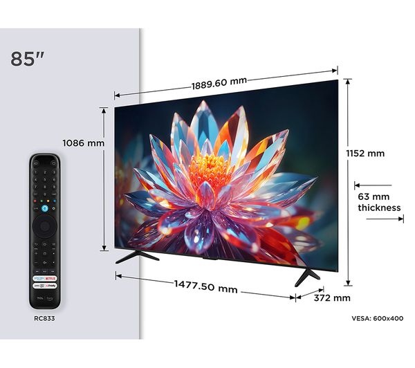 TCL T6C -UK 85 inch QLED 4K HDR 10+ Dolby Vision & Atmos Smart Fire TV