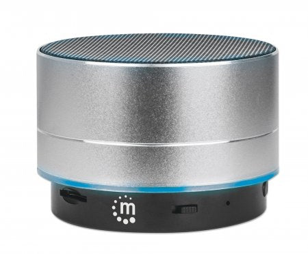 Manhattan Metallic Bluetooth audio conference (Clearance Pricing), Splashproof, Range 10m, microSD card reader, Aux 3.5mm connector, USB-A charging cable included (5V charging), Silver, Three Years Warranty