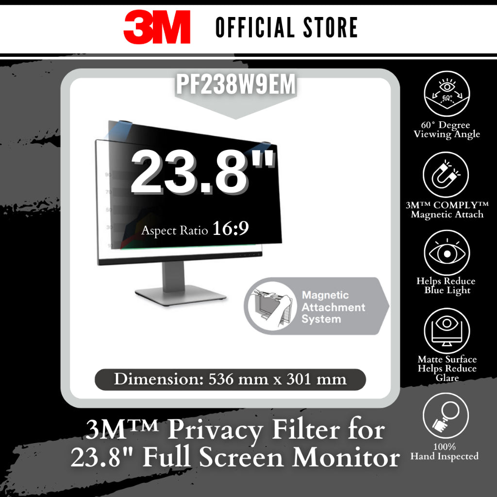 3M Privacy Filter for 23.8in Full Screen Monitor with COMPLY™ Magnetic Attach, 16:9, PF238W9EM