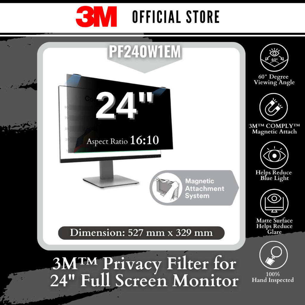 3M 3M™ Privacy Filter for 24in Full Screen Monitor with 3M™ COMPLY™ Magnetic Attach, 16:10, PF240W1EM
